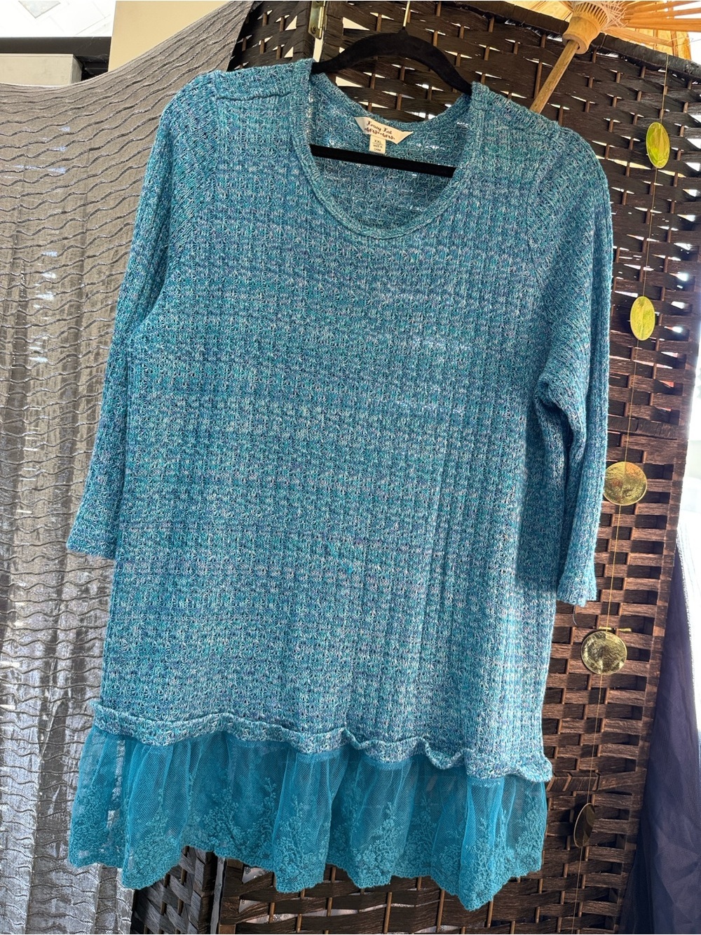 🤪 Krazy Kat Boho Teal Marled Knit Tunic w/ Sheer Lace Trim XXL 🩵🩵🩵 🤩